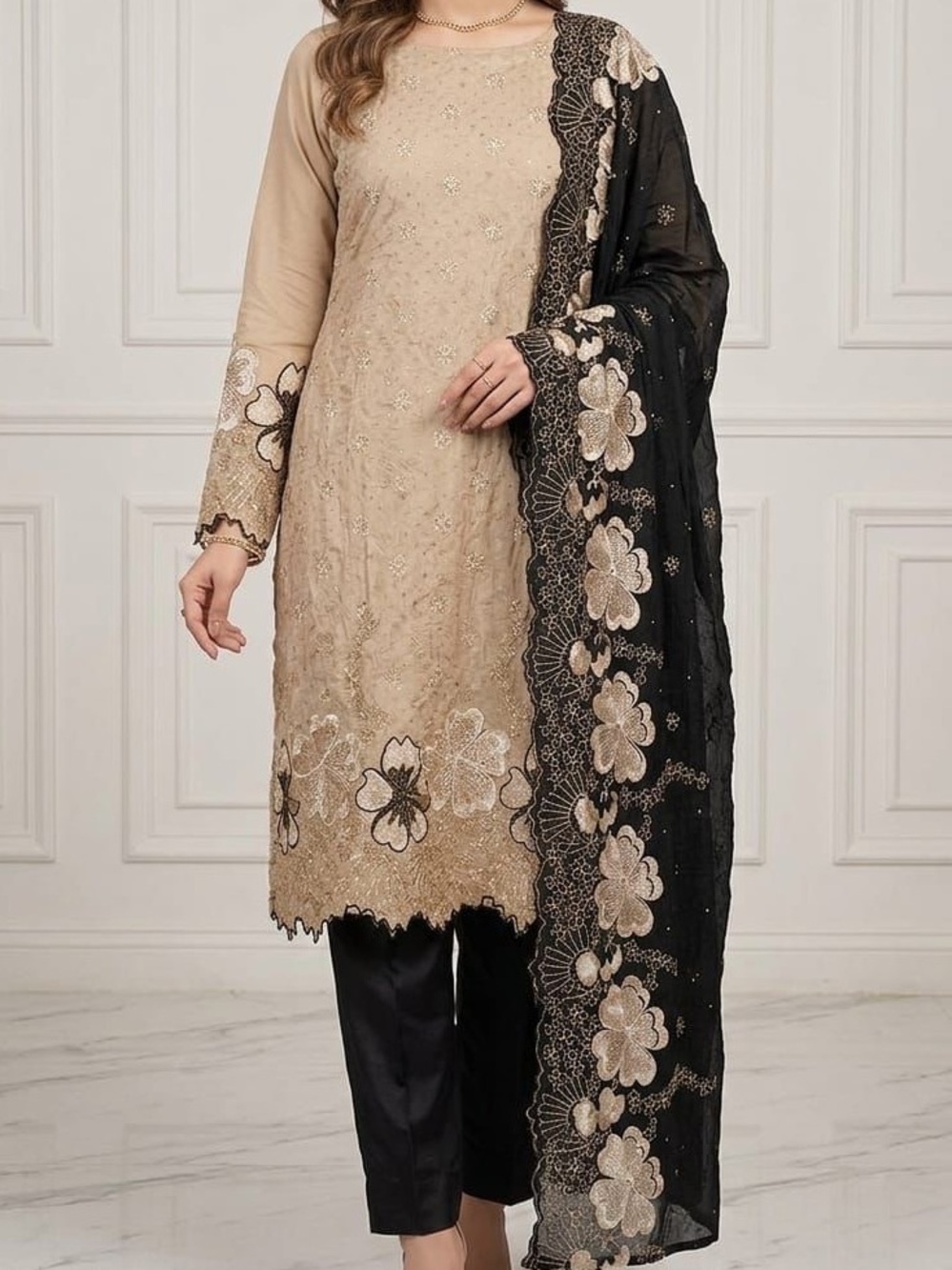 Cream Embroidered Salwar Kameez with Maroon Floral Dupatta